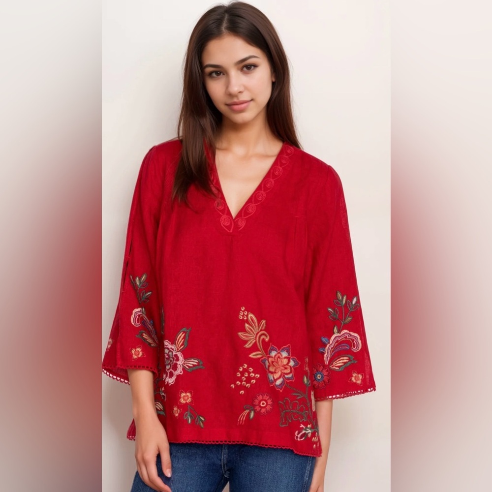 Johnny Was Red  Linen VNeck Top w/ Embroidery🌺Final Price.